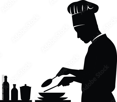 Chef plating food silhouette cartoon illustration, symbolic culinary precision and expressive kitchen service artwork for design and education