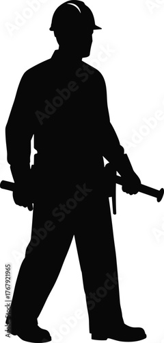 Construction worker with tool silhouette cartoon illustration, symbolic craftsmanship and expressive industrial labor artwork for design and education
