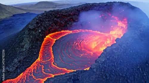 Molten Lava Flowing in Volcanic Crater
