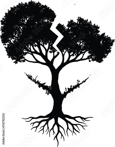 Cracked tree silhouette cartoon illustration, symbolic transformation and expressive nature rupture artwork for design and emotional storytelling