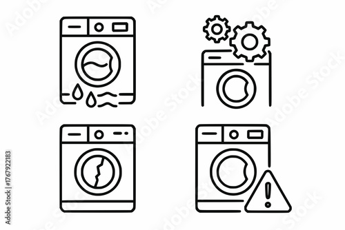 Washing machine icons showing leak, mechanical issue, damage, and warning alert