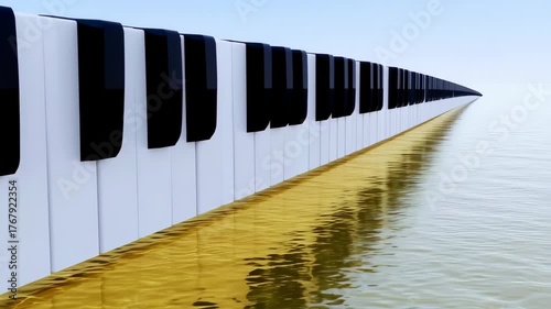 Piano keys reflecting on a golden surface