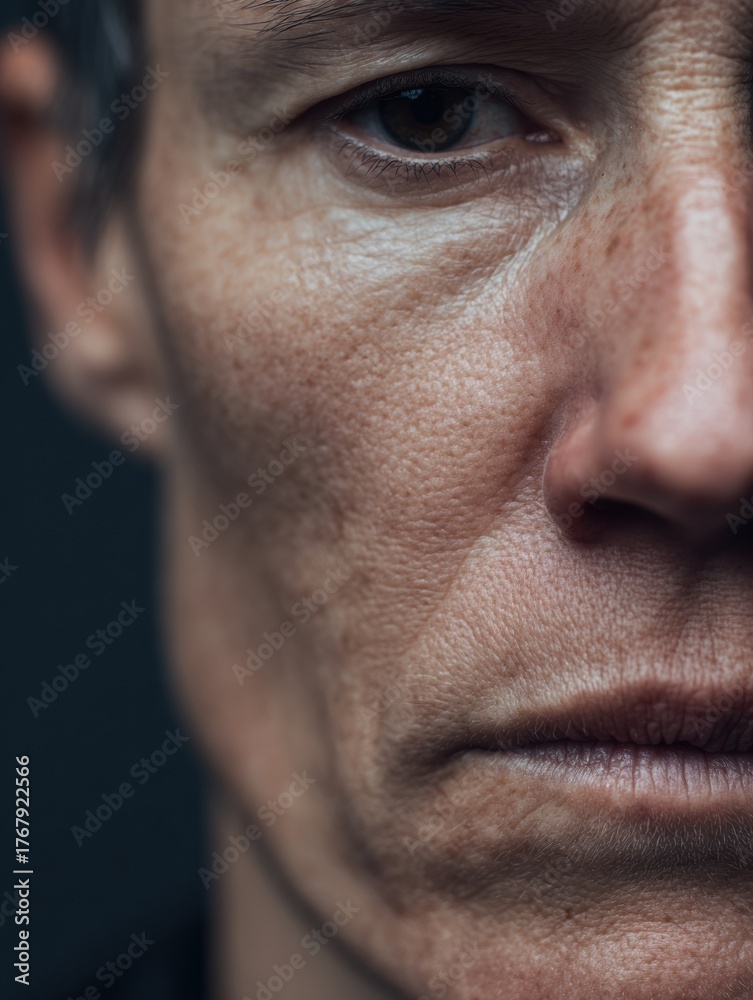 Fototapeta premium Close-up Portrait of a Person Showcasing Deep Expression, Highlighting Facial Features and Textures Against a Dark Background
