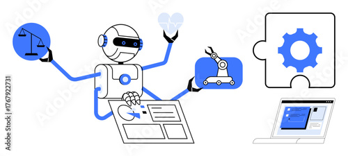 Robotic figure holding objects thumbs up scales, heart, robotic arm. Surrounding elements include gear puzzle piece, laptop. Ideal for technology, AI, automation, robotics multitasking balance