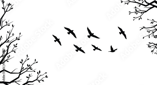 Flying birds and tree branches silhouette cartoon illustration, symbolic transition and expressive seasonal motion artwork for lifestyle and design