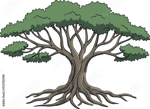 Large tree with roots and canopy cartoon illustration, symbolic growth and expressive natural structure artwork for design and education