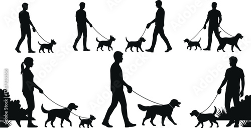People walking dogs silhouette cartoon illustration, symbolic companionship and expressive outdoor movement artwork for lifestyle and design