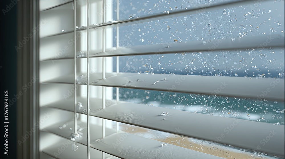 Obraz premium Closeup Of White Wood Blinds With Rainy Day Ocean View