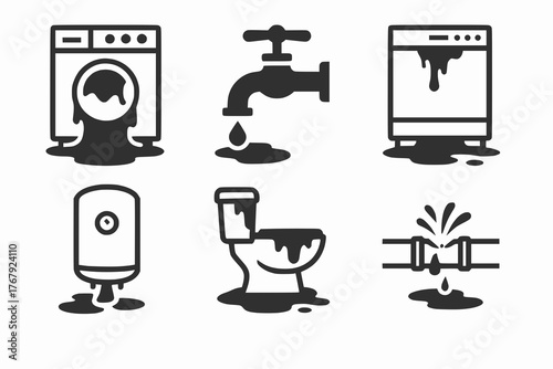 Household leak icons showing water damage in appliances and fixtures