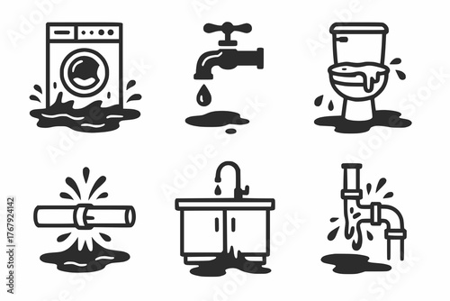 Household leak icons showing water damage in appliances and fixtures