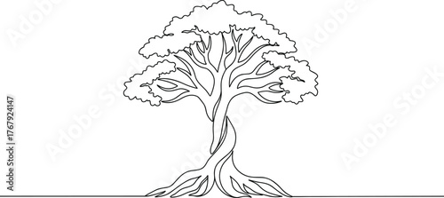 Stylized tree with roots continuous line art cartoon illustration, symbolic growth and expressive natural balance artwork for design