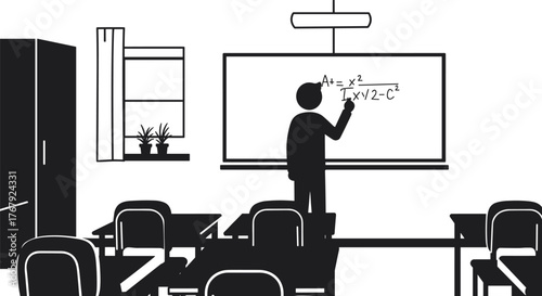 Teacher writing math equation in classroom cartoon illustration, symbolic learning and expressive educational environment artwork for design