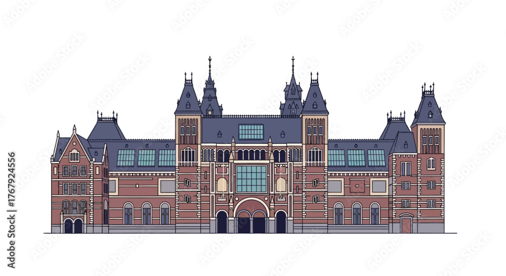 Fototapeta premium Architectural front elevation illustration of the Rijksmuseum in Amsterdam.