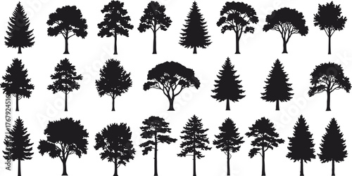Tree silhouettes in three rows cartoon illustration, symbolic botanical diversity and expressive natural form artwork for landscape and design