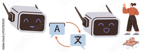 Two robots exchanging language icons showcasing translation, cycle of communication, tech adaptation. Ideal for AI, language, translation, innovation, global connection, multilingualism tech