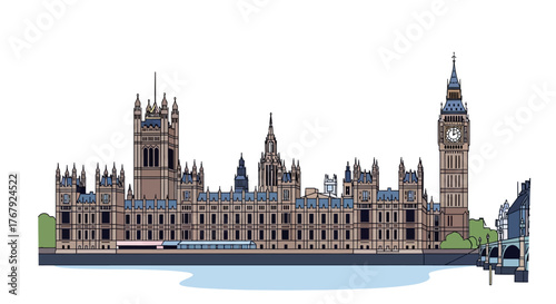 Iconic Palace of Westminster and Big Ben Clock Tower London Landmark.