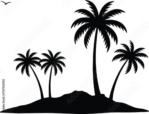 Tropical island with palm trees and flying bird silhouette cartoon illustration, symbolic solitude and expressive nature artwork for design