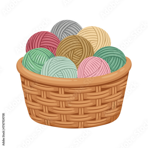 A cozy cartoon wicker basket with wool yarn for knitting and crafting on a transparent background