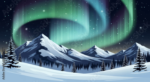 Aurora Borealis over Winter Mountains Landscape Illustration