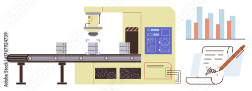 Factory conveyor with robotic arm, gears, control panel, analytics chart, and signed agreement. Ideal for technology, innovation, industry, process automation quality control manufacturing trends