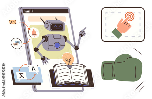 Robot emerging from tablet aids with translation, messaging, and knowledge. Includes open book, boxing glove, and hand tapping screen. Ideal for communication, education, technology AI automation