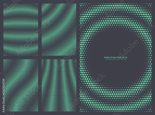 Assorted vector turquoise stylized stars grid halftone pattern set in vertical 2:3 aspect ratio including striped round frame and various distorted textures. Different half tone design elements bundle