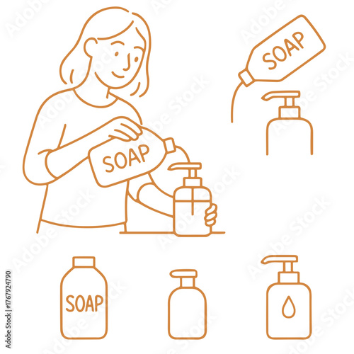 Woman pouring soap into a dispenser with various soap bottles  