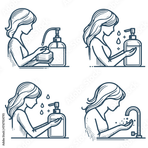 Woman refilling soap dispensers and washing hands at sink  