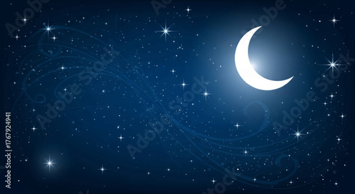 Night Sky with Moon and Stars Peaceful and Serene Dark Blue Background Illustration