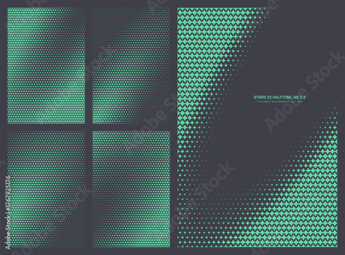 Assorted vector turquoise stylized stars grid halftone pattern set in vertical 2:3 aspect ratio including leaning elliptical frame and various smooth textures. Varied half tone design elements bundle