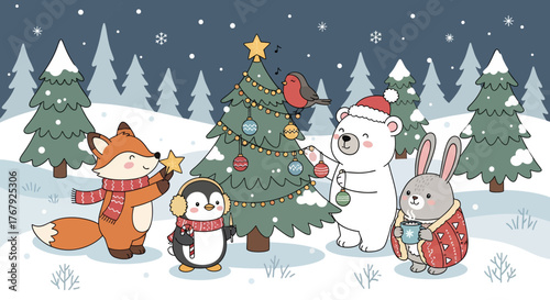 Festive Woodland Creatures Decorating a Christmas Tree in a Snowy Forest Scene