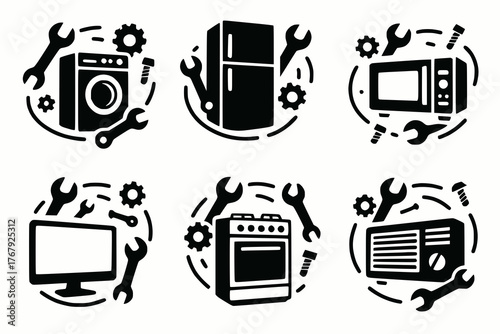 Appliance and tool icons with gears and wrenches showing repair and maintenance