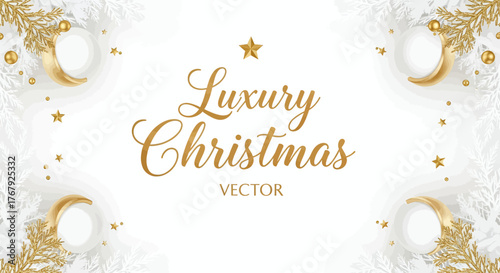 Elegant Christmas Vector Background with Golden Holiday Ornaments and Sparkling White Branches, Perfect for Festive Seasonal Greetings and Luxury Celebrations