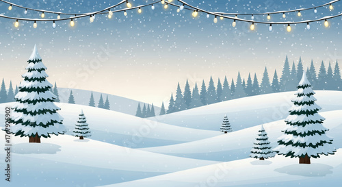 Enchanting Winter Wonderland Landscape with Falling Snow and Twinkling Holiday Lights, Perfect for Festive Greetings and Seasonal Celebrations