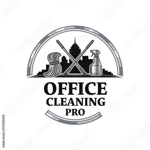 A grayscale logo with office cleaning tools over a cityscape, text below, arched border