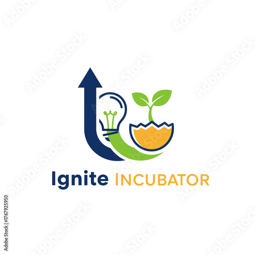 Colorful logo depicting an arrow, lightbulb, sprout, and an egg shape suggesting growth and incubation