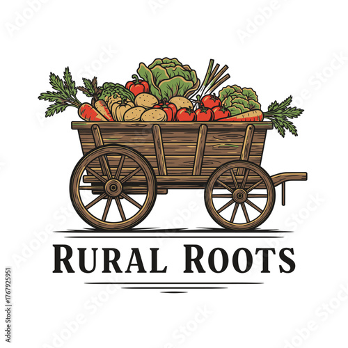 A rustic wooden cart overflowing with colorful vegetables, perfect for a farmer's market scene