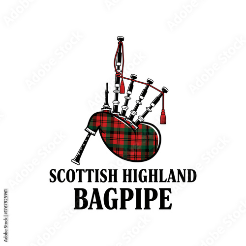 A detailed illustration of a traditional wind instrument, featuring red and green plaid bag