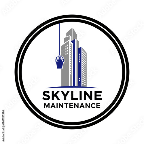 Circular emblem design featuring skyscrapers, a suspended cleaning device, and text at the bottom