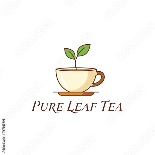 A stylized illustration depicting a teacup with two leaves emerging from it, on a saucer