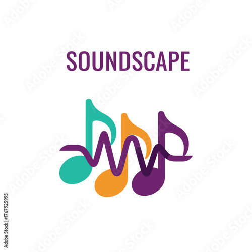 Colorful graphic of musical notes, text "SOUNDSCAPE" at the top on white background