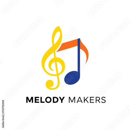 A musical composition featuring a colorful treble clef and a music note symbol on a white background