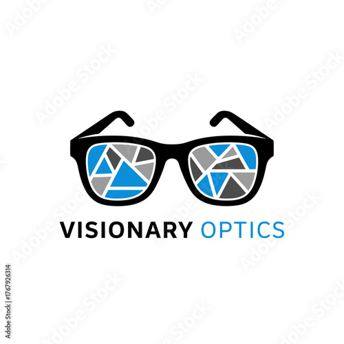 Stylized image of eyeglasses with geometric lens design. Text below describes business category