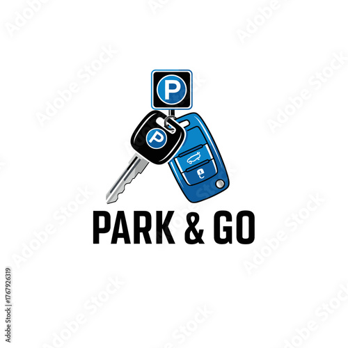 Stylized image of car keys and parking sign, implying parking service. Bold text below