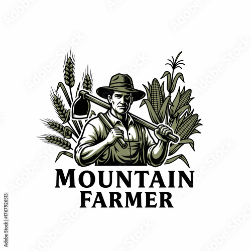 A farmer with a hoe and various crops. Wheat and corn are in the background, text below