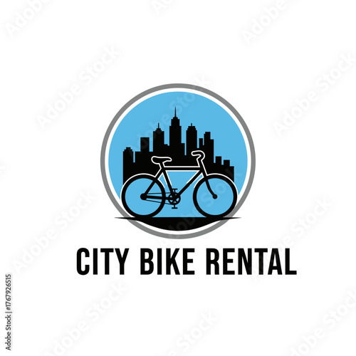 A bicycle silhouetted against a cityscape, within a circle, with a rental service name below