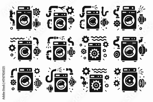 Washing machine malfunction icons with gears, pipes, and valves in black and white