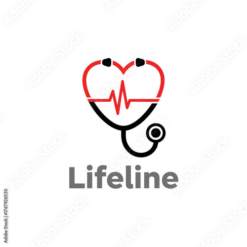 Medical icon with a heart-shaped outline featuring a red heartbeat line and stethoscope design