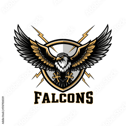 A regal bird of prey with wings spread over a shield, framed by lightning bolts and text below