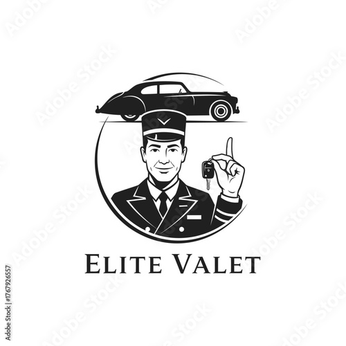 A black and white graphic depicting a valet, a vintage car, and a key